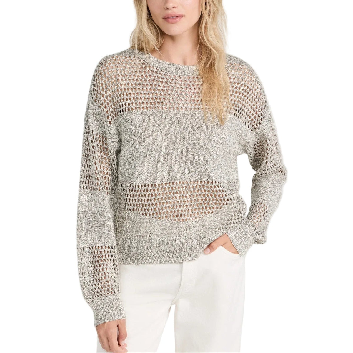 Atm Anthony Thomas Grey Linen Melillo Cotton Blend Open Knit Crew Neck Sweater Size XS