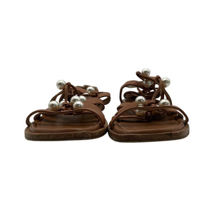Stuart Weitzman Pearl Embellished Brown Goldie Lace Up Sandals Size 6.5