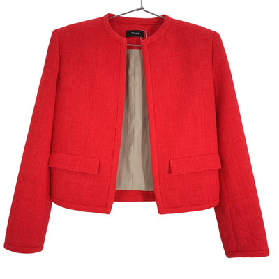 Theory Textured Red Open Front Tweed Jacket Size 00
