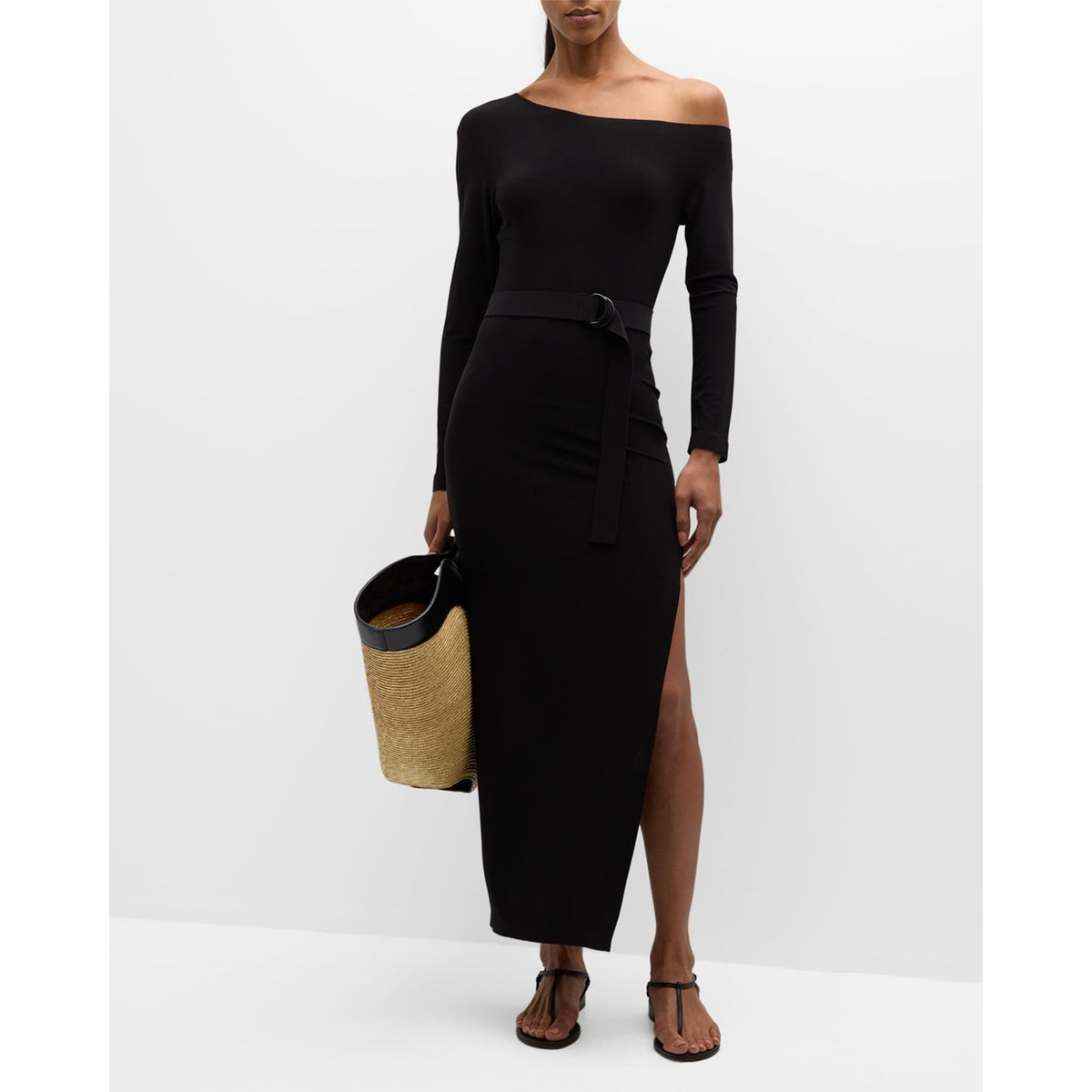 Norma Kamali '3/4 Sleeve' Black Drop Shoulder Side Slit Gown Size L
