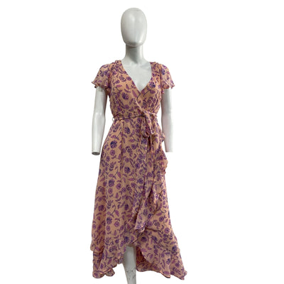 HATCH X A Pea In The Pod Feminine Peach Floral Flutter Sleeve Wrap Dress Size S