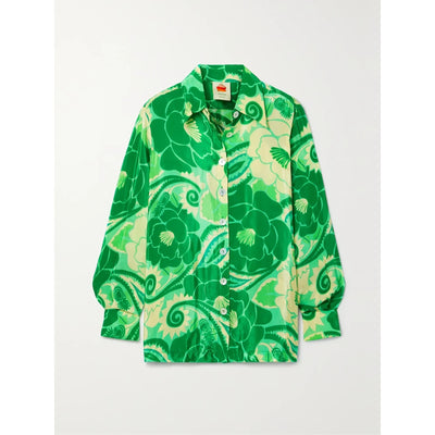 Farm Rio Printed Green Satin Shirt Size S