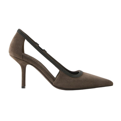 Brunello Cucinelli Bead Embellished Dark Brown Cutout Suede Pumps Size IT 40 / US 10