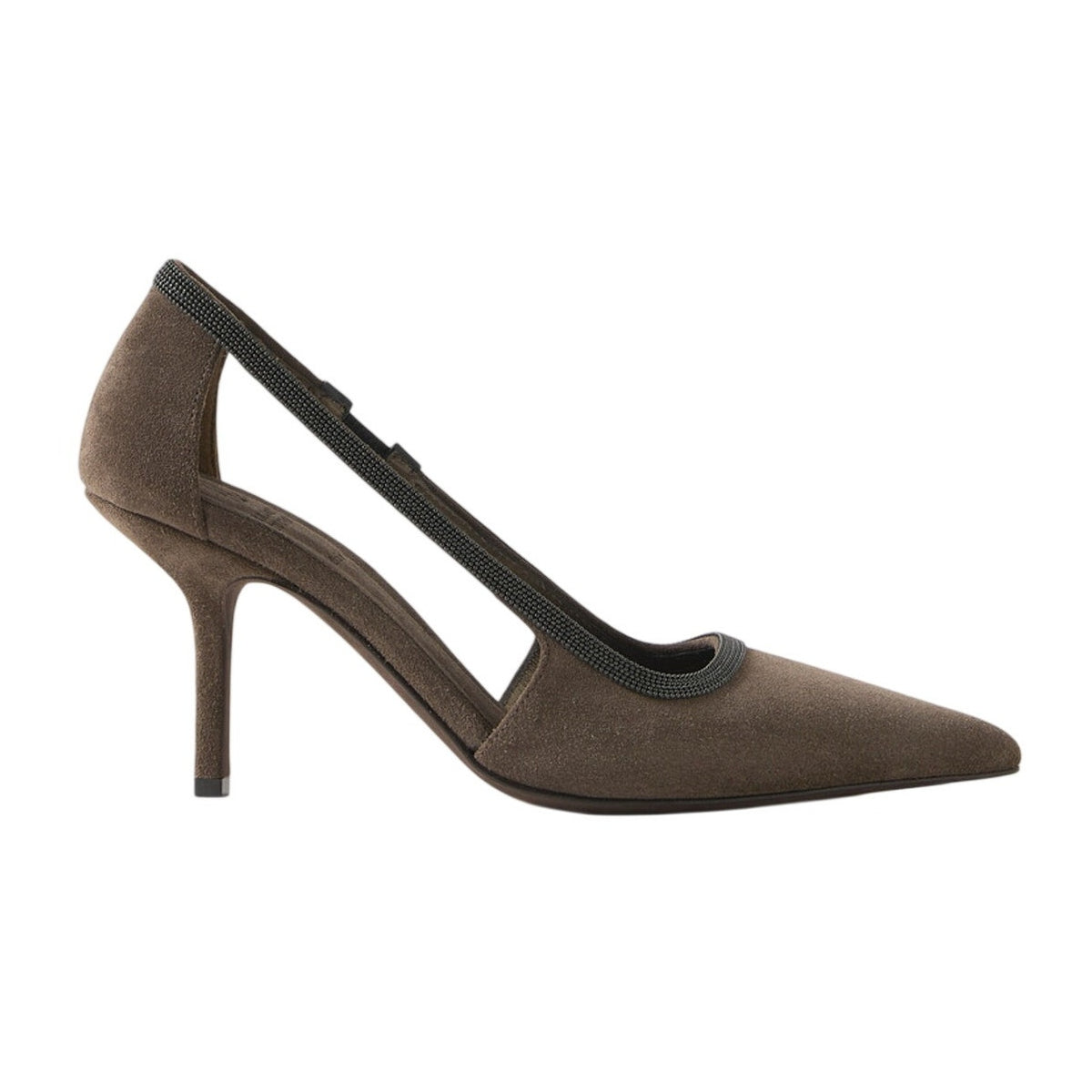 Brunello Cucinelli Bead Embellished Dark Brown Cutout Suede Pumps Size IT 40 / US 10