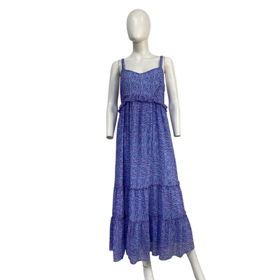 HATCH X A Pea In The Pod Tiered Periwinkle Ikat Ruffle Maxi Dress Size M