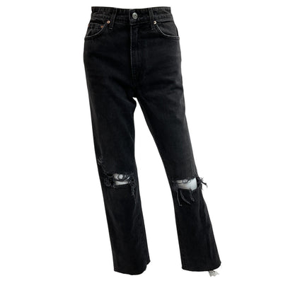 Grlfrnd Distressed Black Rock Sara Super High Rise Slim Straight Denim Jeans Size 24