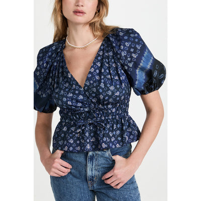 Ulla Johnson 'Ines' Blue Tye Dye Geometric  Ruched V Neck Puff Sleeve Top Size 6