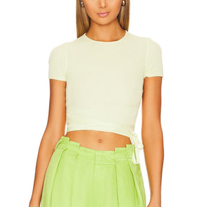 L'Academie Ribbed Green Conary Short Sleeve Tie Top Size L