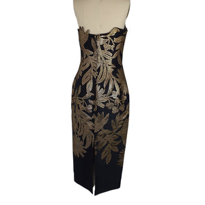Lela Rose Metallic Black Floral Jacquard Strapless Dress Size 8