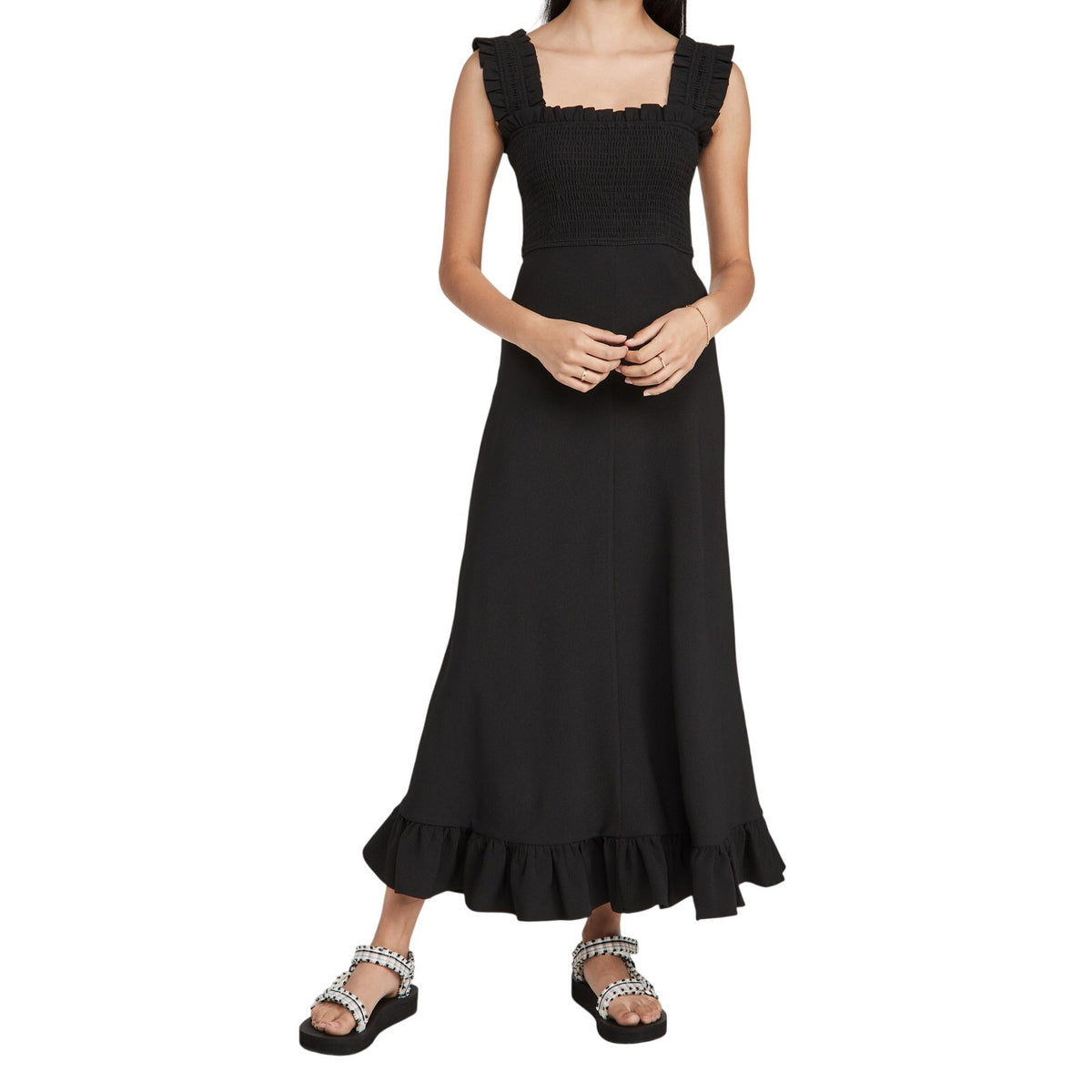 Ganni Ruffled Black Crepe Maxi Dress Size 32