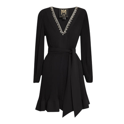 Neiman Marcus Crystal Embellished Black V Neck Pleated Mini Dress Size 4