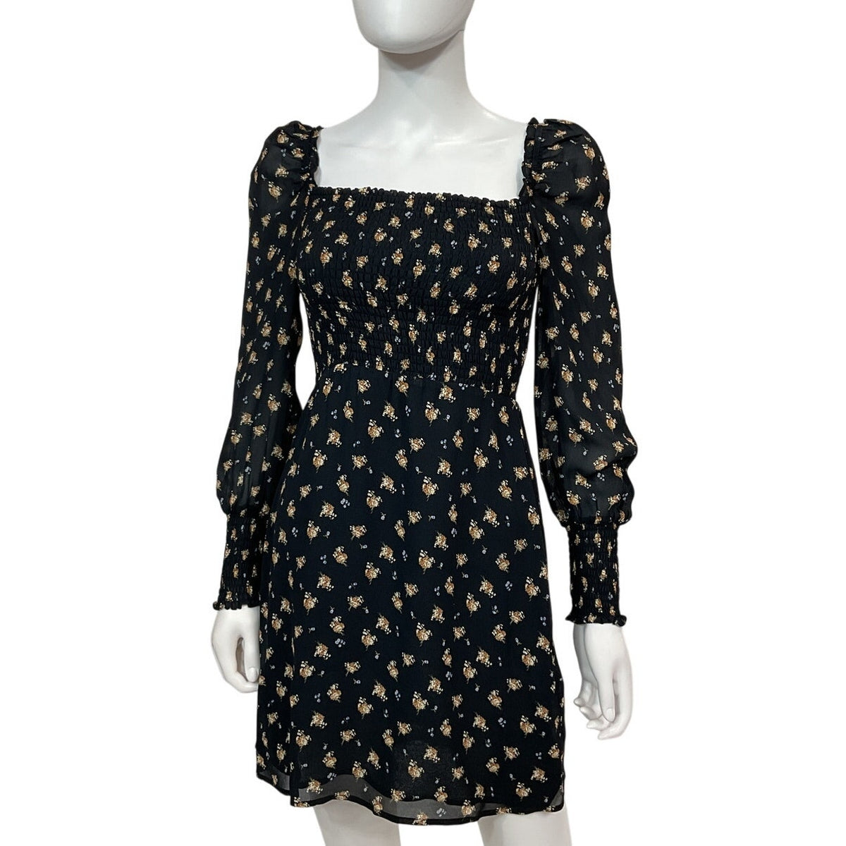 Maje Shirred Black Floral Crepe Mini Dress Size FR 36 / US 4