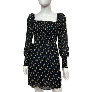 Maje Shirred Black Floral Crepe Mini Dress Size FR 36 / US 4
