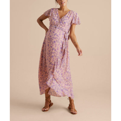 HATCH X A Pea In The Pod Feminine Peach Floral Flutter Sleeve Wrap Dress Size S