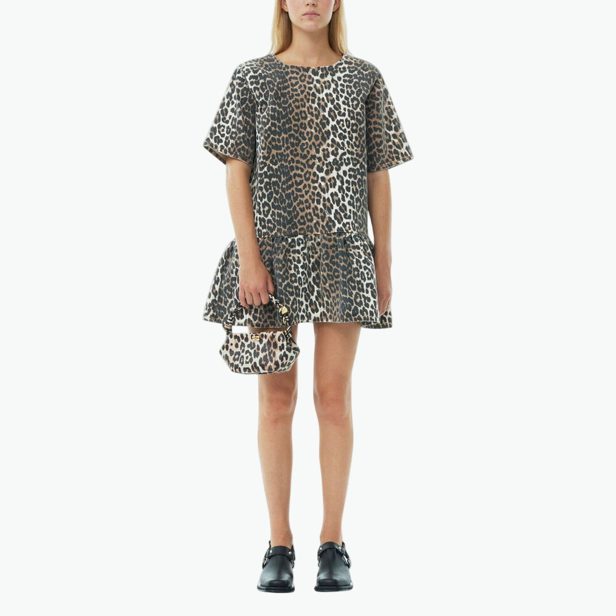 Ganni Leopard Brown Cotton Open-Back Mini Denim Dress Size 32