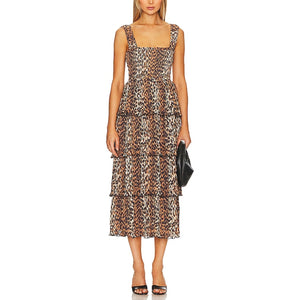 Ganni Leopard Print Brown Flounce Smock Midi Dress Size 40 EU