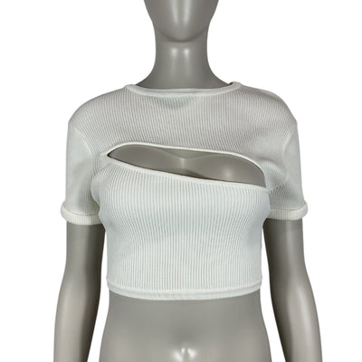 Christopher Esber Ribbed White Slashed Crop Tee Size M