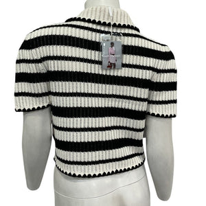 Self Portrait Striped Cream Black Crochet Button Front Cardigan Size M NWT