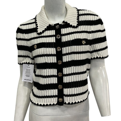 Self Portrait Striped Cream Black Crochet Button Front Cardigan Size M NWT