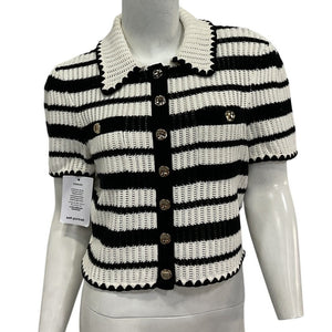 Self Portrait Striped Cream Black Crochet Button Front Cardigan Size M NWT