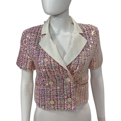 Endless Rose Shimmering Pink Tweed Short Sleeve Cropped Blazer Size S NWT