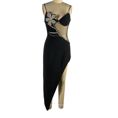 David Koma Embellished Black Flower Net Midi Dress Size UK 8 / 4 US NWT