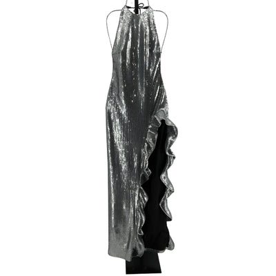 David Koma Sequined Silver Halterneck Ruffle Gown Size UK 8 / US 4