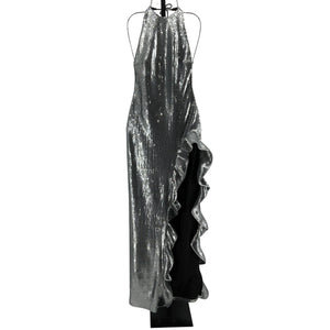 David Koma Sequined Silver Halterneck Ruffle Gown Size UK 8 / US 4