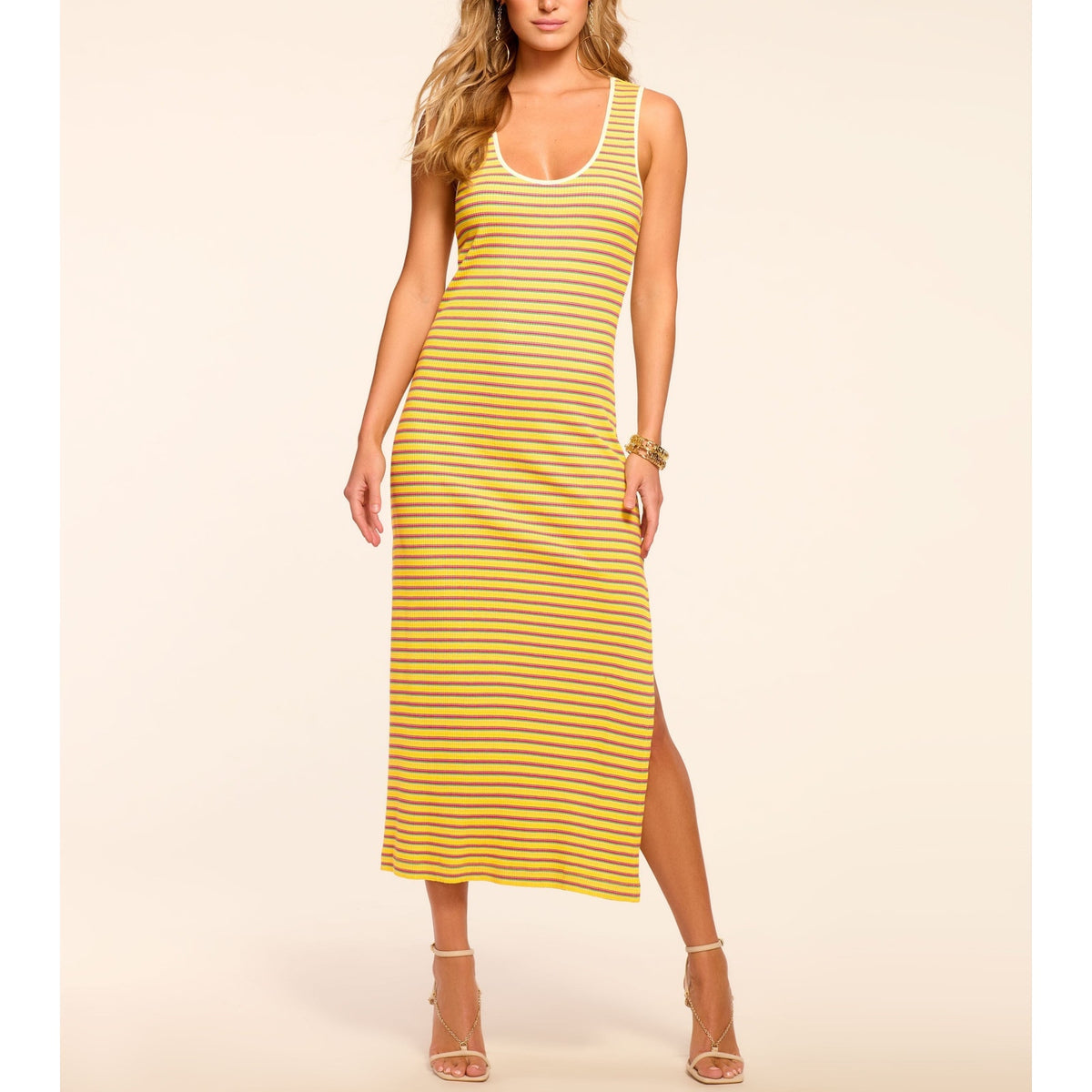 Ramy Brook 'Everest' Yellow Viscose Ribbed Knit Scoop Neck Midi Dress Size S