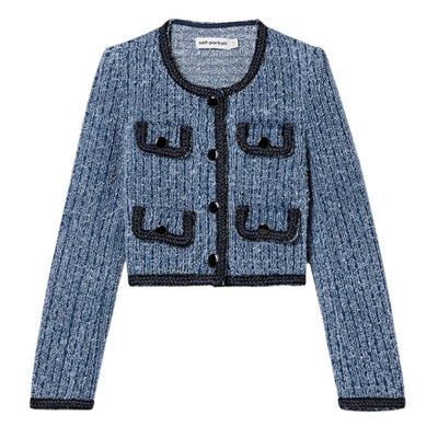 Self-Portrait Cropped Blue Denim Tweed Jacket Size UK 8 / US 4
