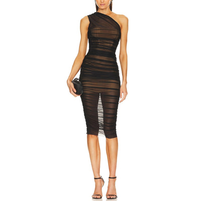 Michael Costello Ruched Black Polina Midi Dress Size S