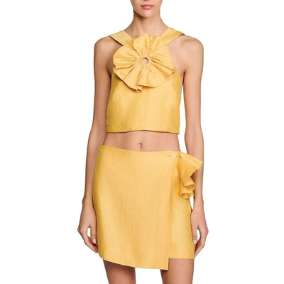 Sandro Ruffled Yellow Rosette Crop Top Size 0 NWT