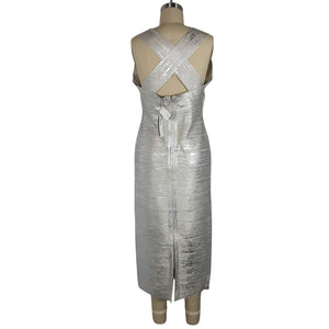 Hervé Léger Sleek Silver Halter Crossback Midi Size L Dress NWT