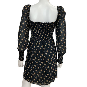 Maje Shirred Black Floral Crepe Mini Dress Size FR 36 / US 4
