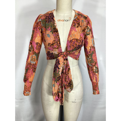 A.L.C. 'Samara' Cropped Orange Floral Print Silk Wrap Blouse Size 2