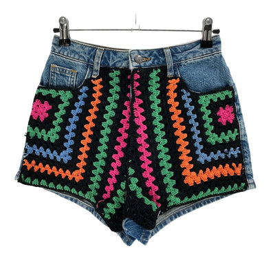 Farm Rio Crochet Paneled Multicolor Denim Shorts Size 25