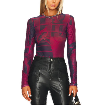 Miaou Sheer Burgundy Stone Print Long Sleeve Top Size S