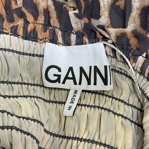 Ganni Leopard Print Brown Flounce Smock Midi Dress Size 40 EU