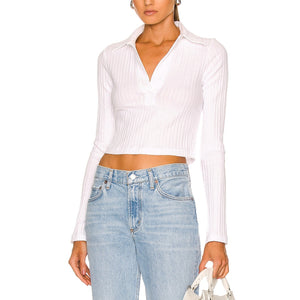 Helmut Lang Ribbed White Crop Polo Top Size L