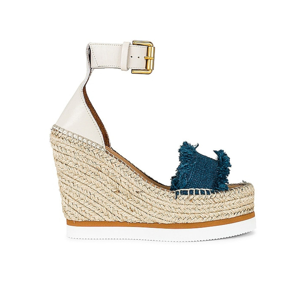 See By Chloé Frayed Blue Denim Espadrille Wedge Sandals Size 37 EU / US 7