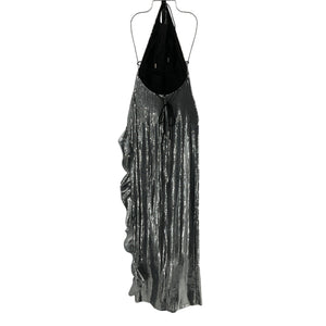 David Koma Sequined Silver Halterneck Ruffle Gown Size UK 8 / US 4