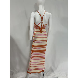 L*Space 'Allegra' Brown Square Neck Halter Strap Stripe Dress Size XS
