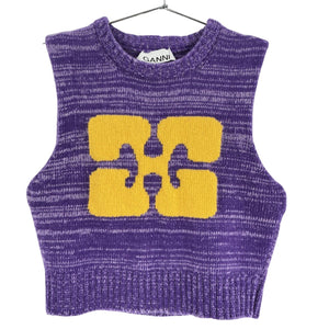Ganni Cropped Purple Logo Knit Sweater Vest Size S