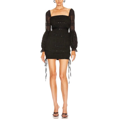 Self-Portrait Embellished Black Sequin Shirred Mini Dress Size 2