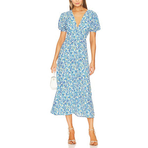 Faithfull The Brand Floral Blue Bellavista Midi Dress Size S NWT