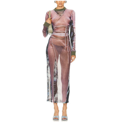 Y/Project Sheer Light Pink And Grey Trompe Loeil Wrap Maxi Dress Size EU 36 / US 4