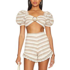 Patbo Crochet Ivory Tan Puff Sleeve Cropped Top Size 4