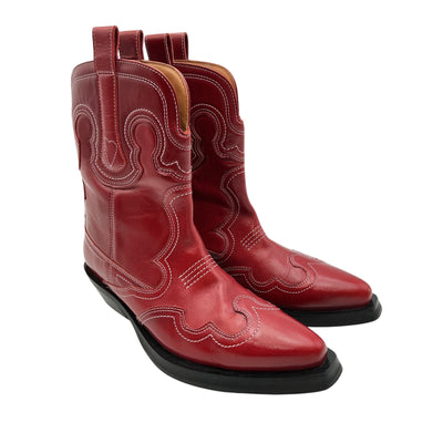 Ganni Low Red Embroidered Western Boots Size 38 EU / US 8