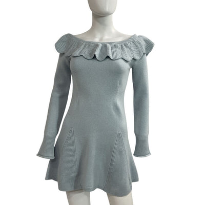 LoveShackFancy Ruffled Light Blue Cashmere Mini Dress Size S NWT