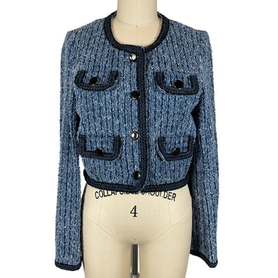 Self-Portrait Cropped Blue Denim Tweed Jacket Size UK 8 / US 4